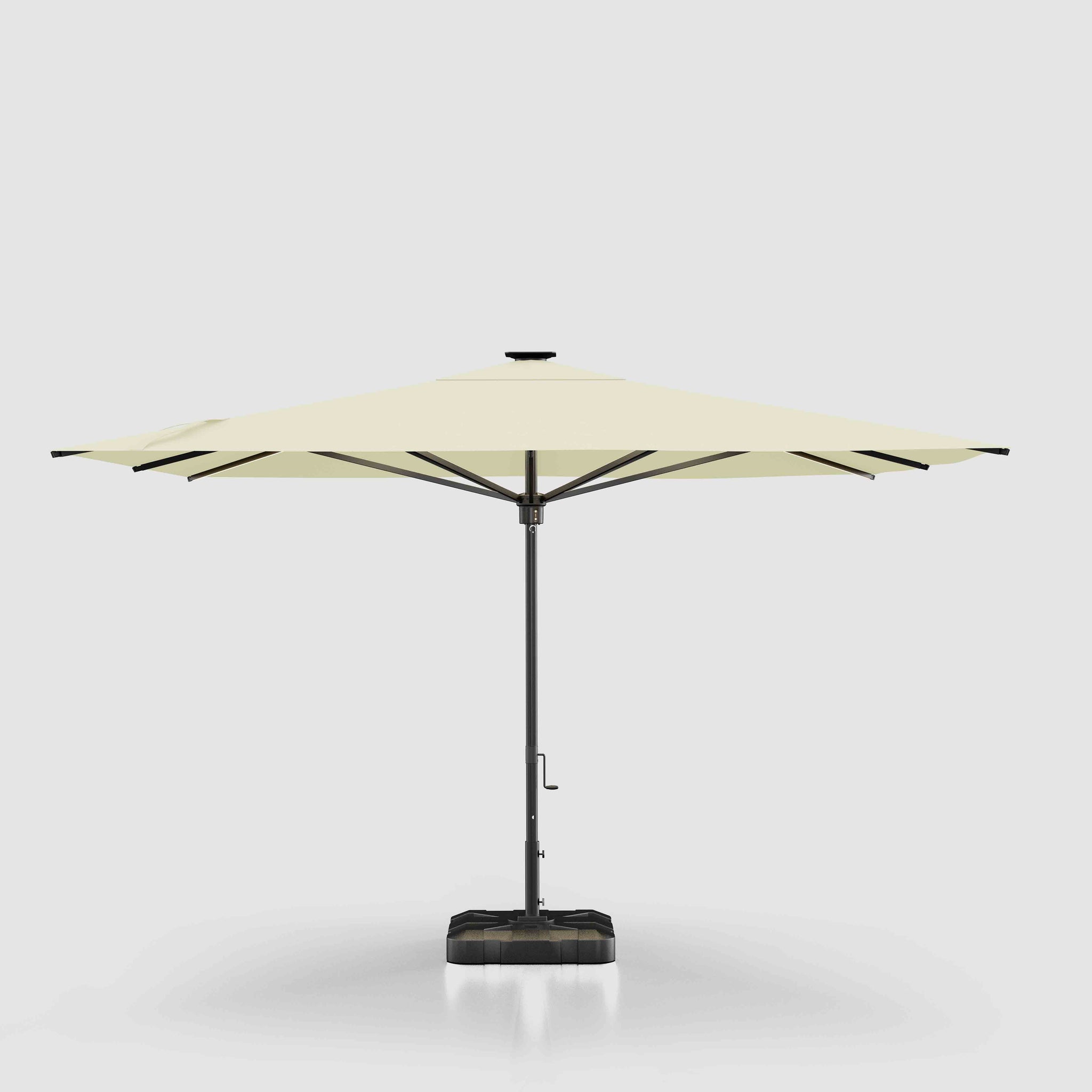 canvas madrid offset patio umbrella with base red 11-ft Market Patio Umbrella | Solar LED Ribs, Wind Resistant | Commercial Grade | Sunbrella Canvas Natural