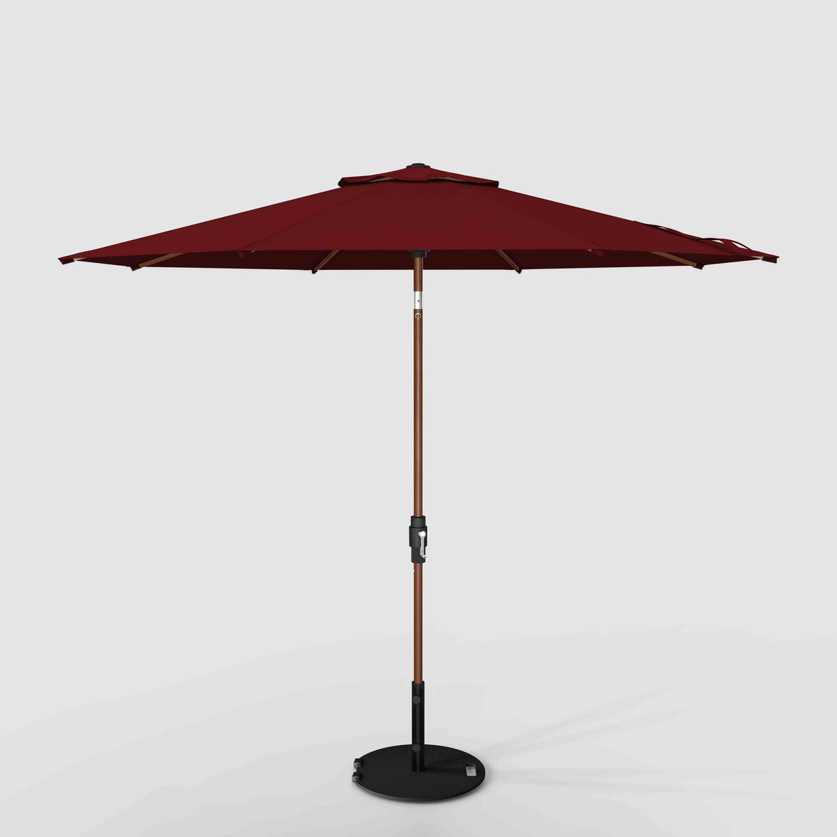 Tilt Patio Umbrella | Auto-Tilt, Wind Resistant, Woodgrain Finish | Commercial Grade | Sunbrella Burgundy