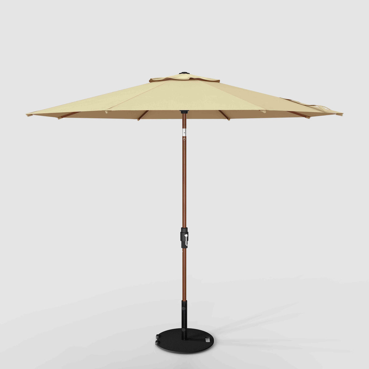 double vented patio umbrella with tilt in tan beige natural Tilt Patio Umbrella | Auto-Tilt, Wind Resistant, Woodgrain Finish | Commercial Grade | Sunbrella Heather Tan